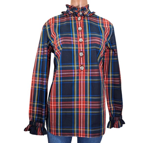Top J.Crew BN146 Taglia 2 - Tunicia Popover In Tartan Con Bottoni Gioiello
